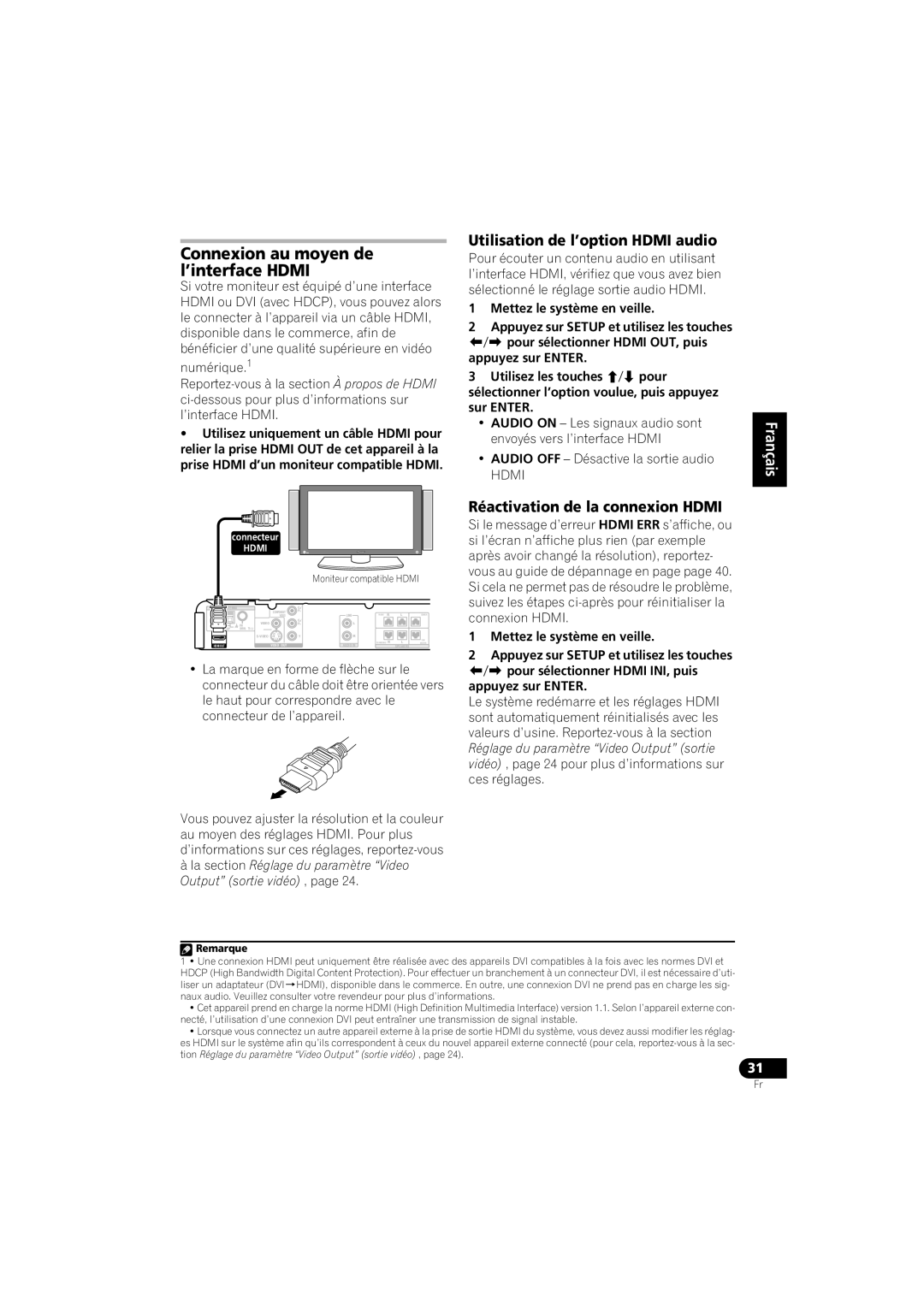 Pioneer HTZ-360DV manual Connexion au moyen de l’interface HDMI, Utilisation de l’option HDMI audio, English Français 
