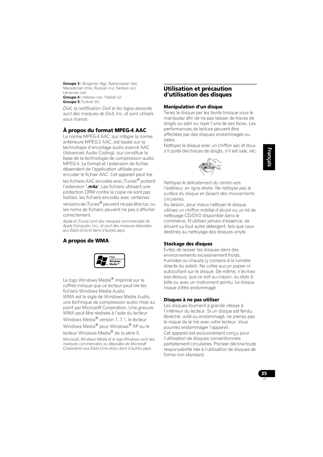 Pioneer HTZ-360DV manual À propos du format MPEG-4AAC, A propos de WMA, Manipulation d’un disque, Stockage des disques 