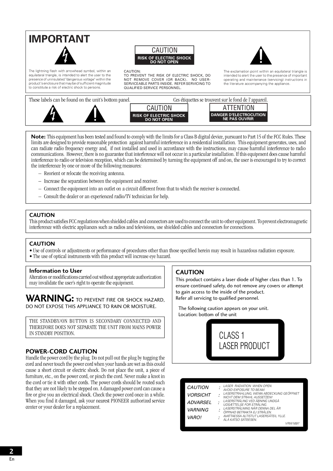 Pioneer HTZ-55DV manual Information to User, Risk of Electric Shock Do not Open 