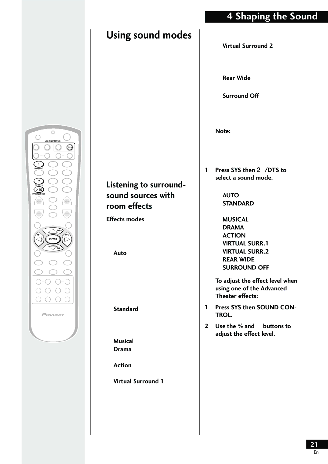 Pioneer HTZ-55DV manual Effects modes, Press SYS then 2/DTS to select a sound mode 