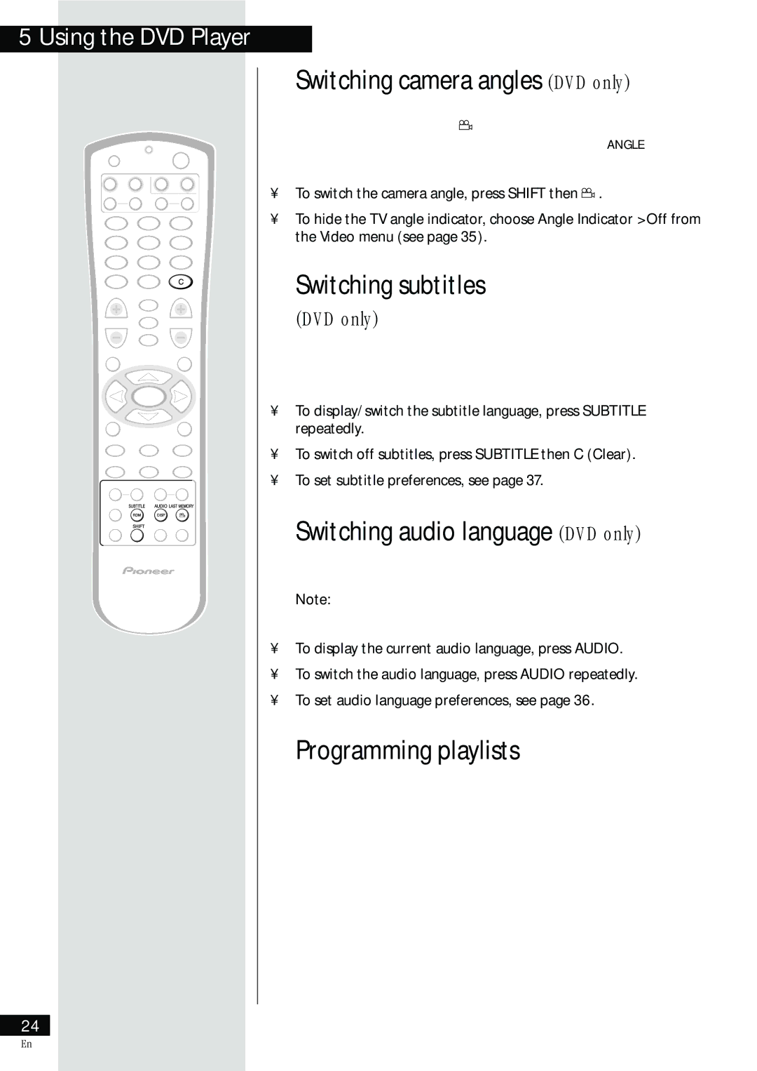 Pioneer HTZ-55DV manual Switching camera angles DVD only, Switching subtitles, Switching audio language DVD only 