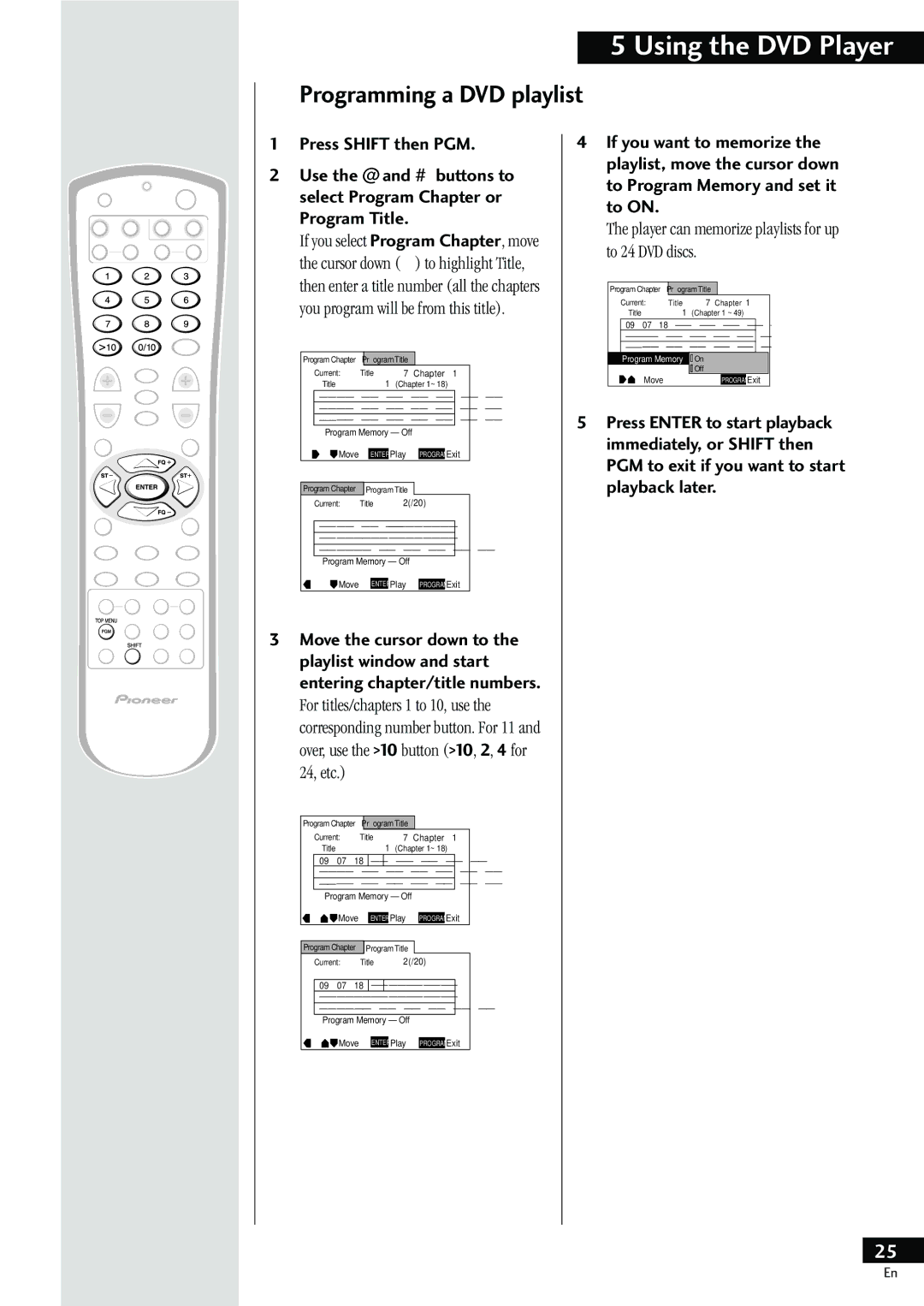 Pioneer HTZ-55DV manual Programming a DVD playlist, Player can memorize playlists for up to 24 DVD discs 