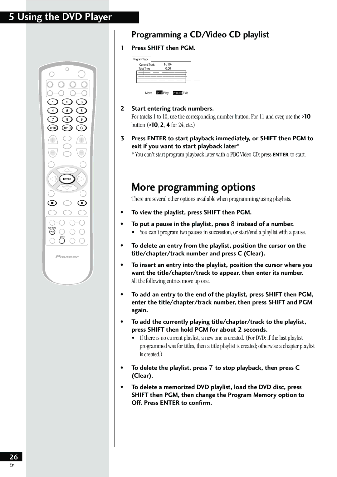 Pioneer HTZ-55DV manual More programming options, Programming a CD/Video CD playlist, Press Shift then PGM 