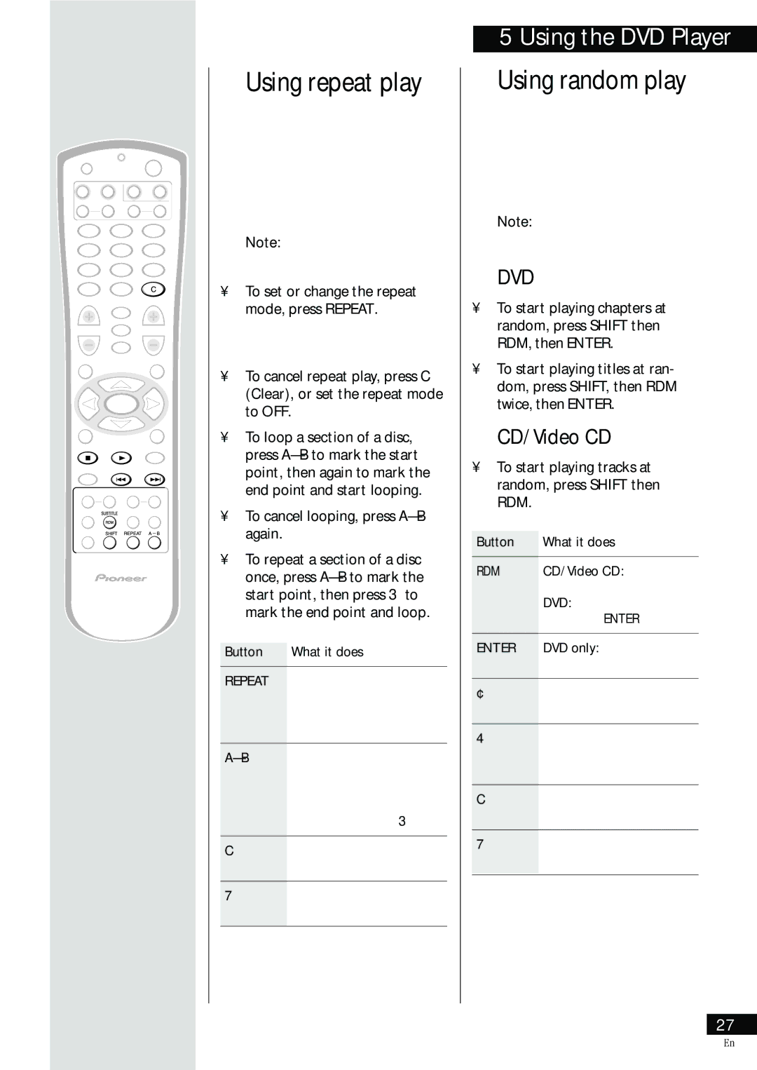 Pioneer HTZ-55DV manual Using repeat play, Using random play, CD/Video CD, ¥ To cancel looping, press AÐB again 