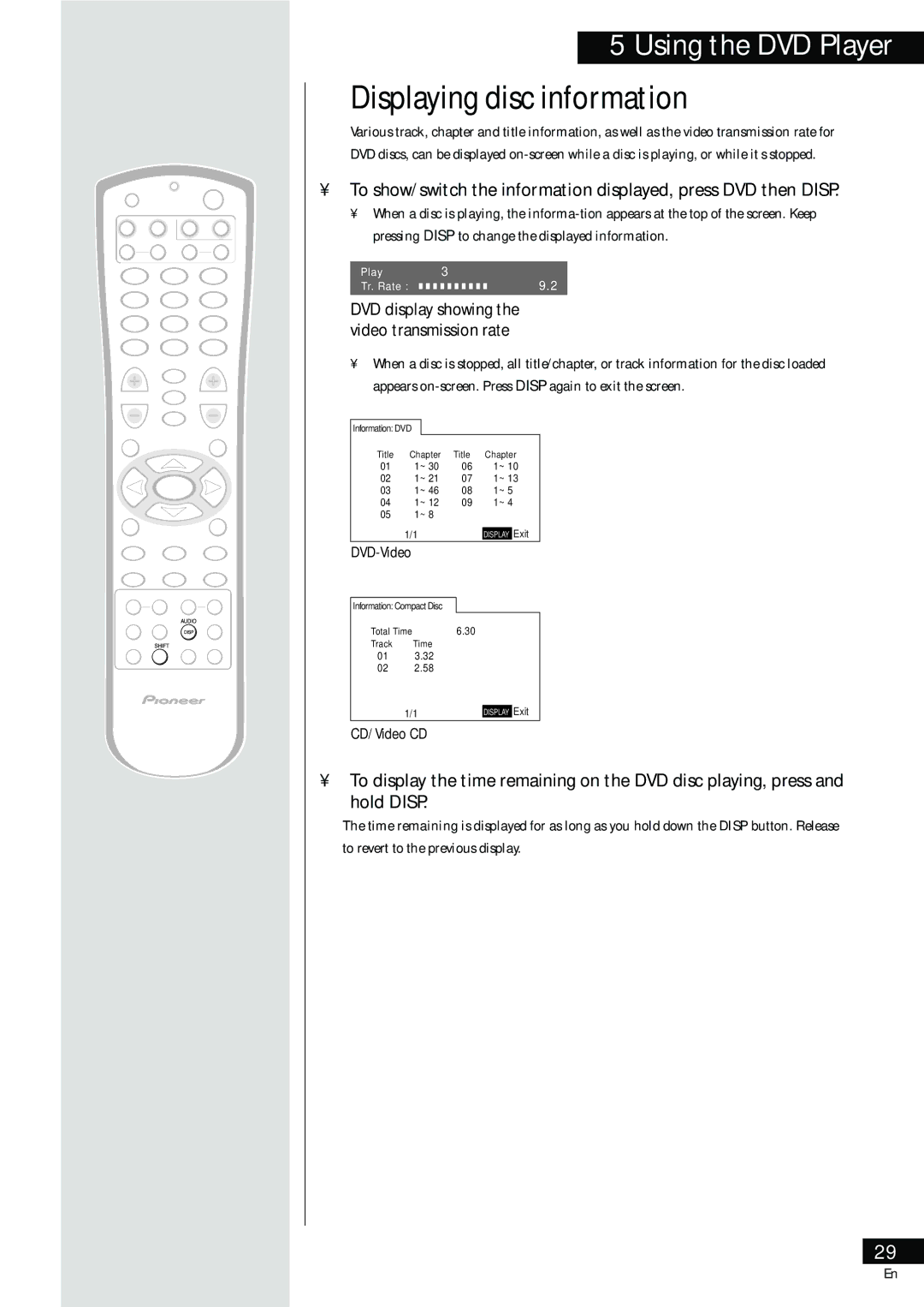 Pioneer HTZ-55DV manual Displaying disc information 