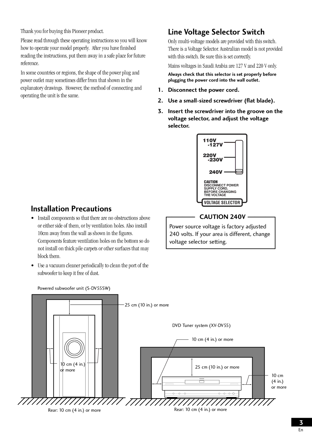 Pioneer HTZ-55DV manual Line Voltage Selector Switch, Installation Precautions 