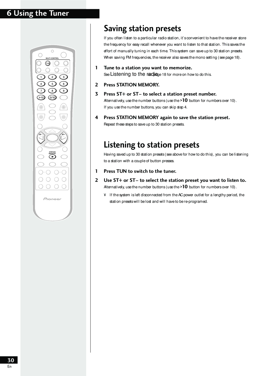 Pioneer HTZ-55DV manual Saving station presets, Listening to station presets 