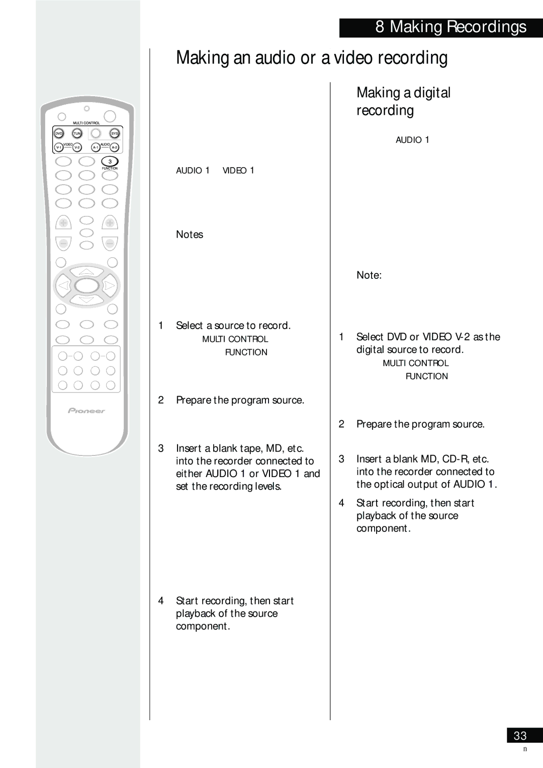 Pioneer HTZ-55DV manual Making an audio or a video recording, Select a source to record, Prepare the program source 