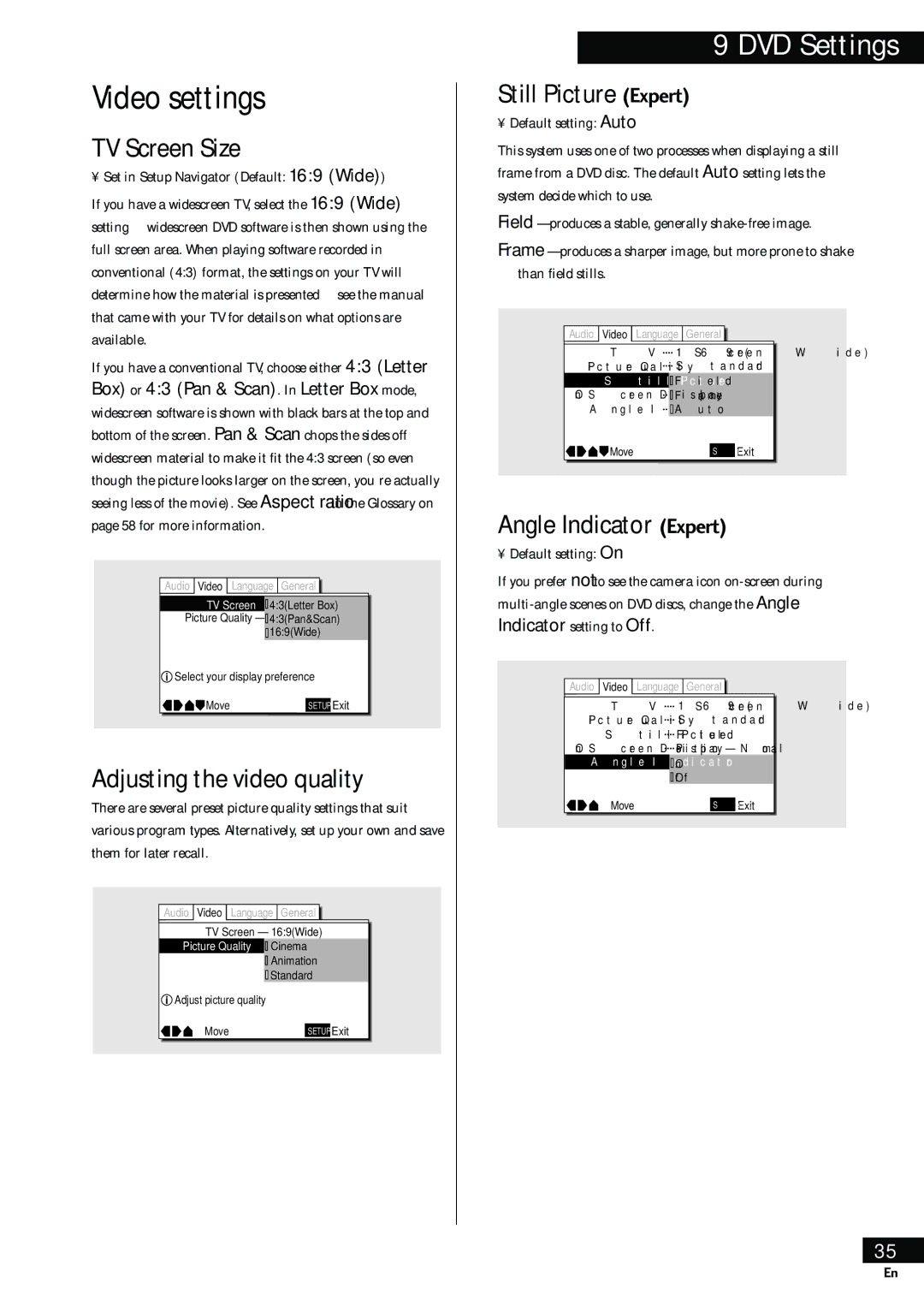 Pioneer HTZ-55DV Video settings, TV Screen Size, Adjusting the video quality, Still Picture Expert, Angle Indicator Expert 