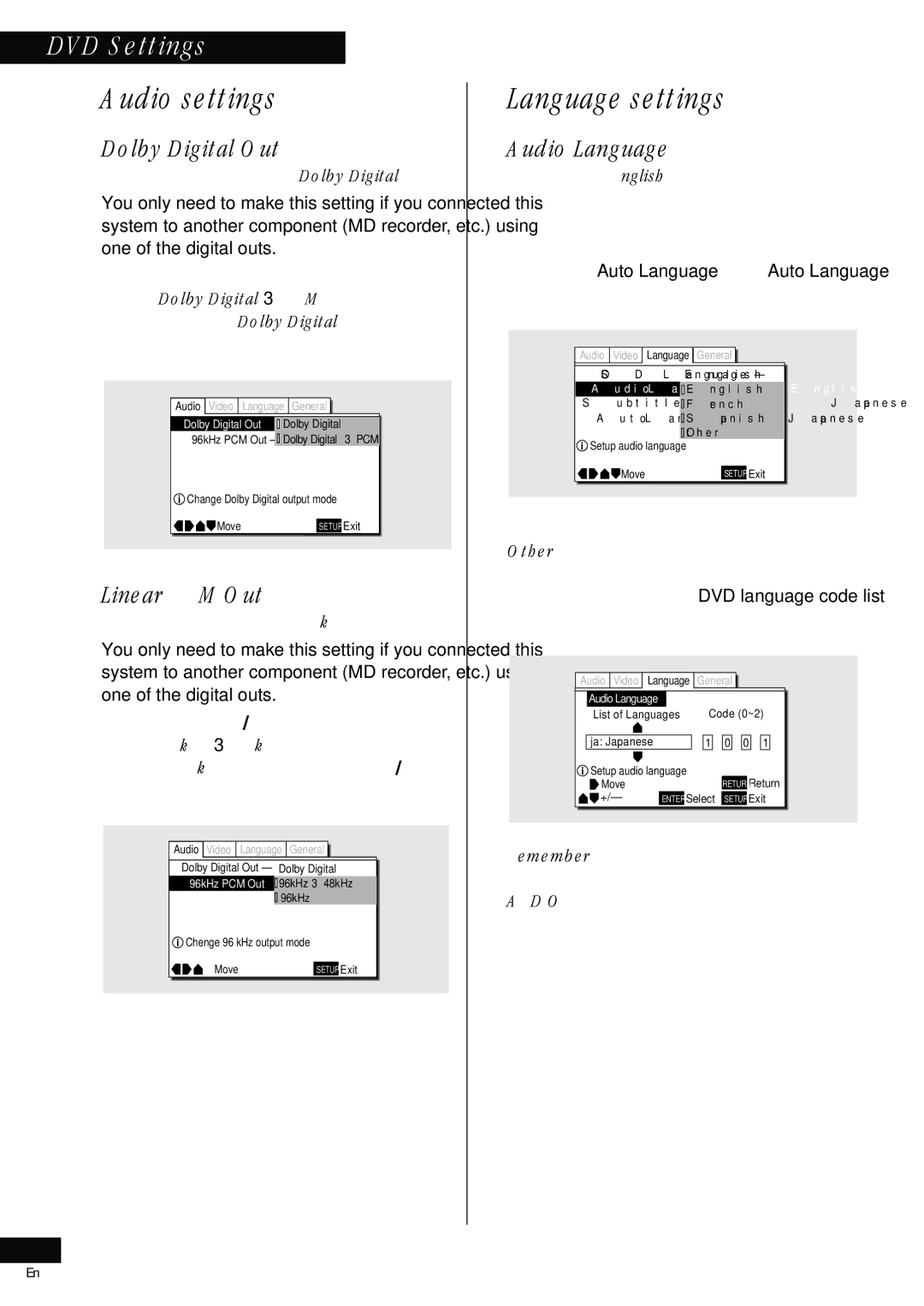 Pioneer HTZ-55DV manual Audio settings, Language settings, Dolby Digital Out, Linear PCM Out, Audio Language 