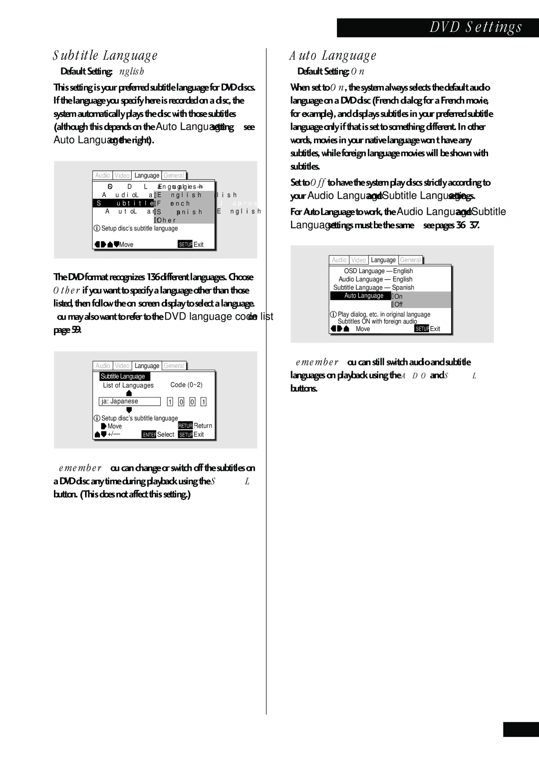 Pioneer HTZ-55DV manual Subtitle Language, Auto Language, Default Setting On 