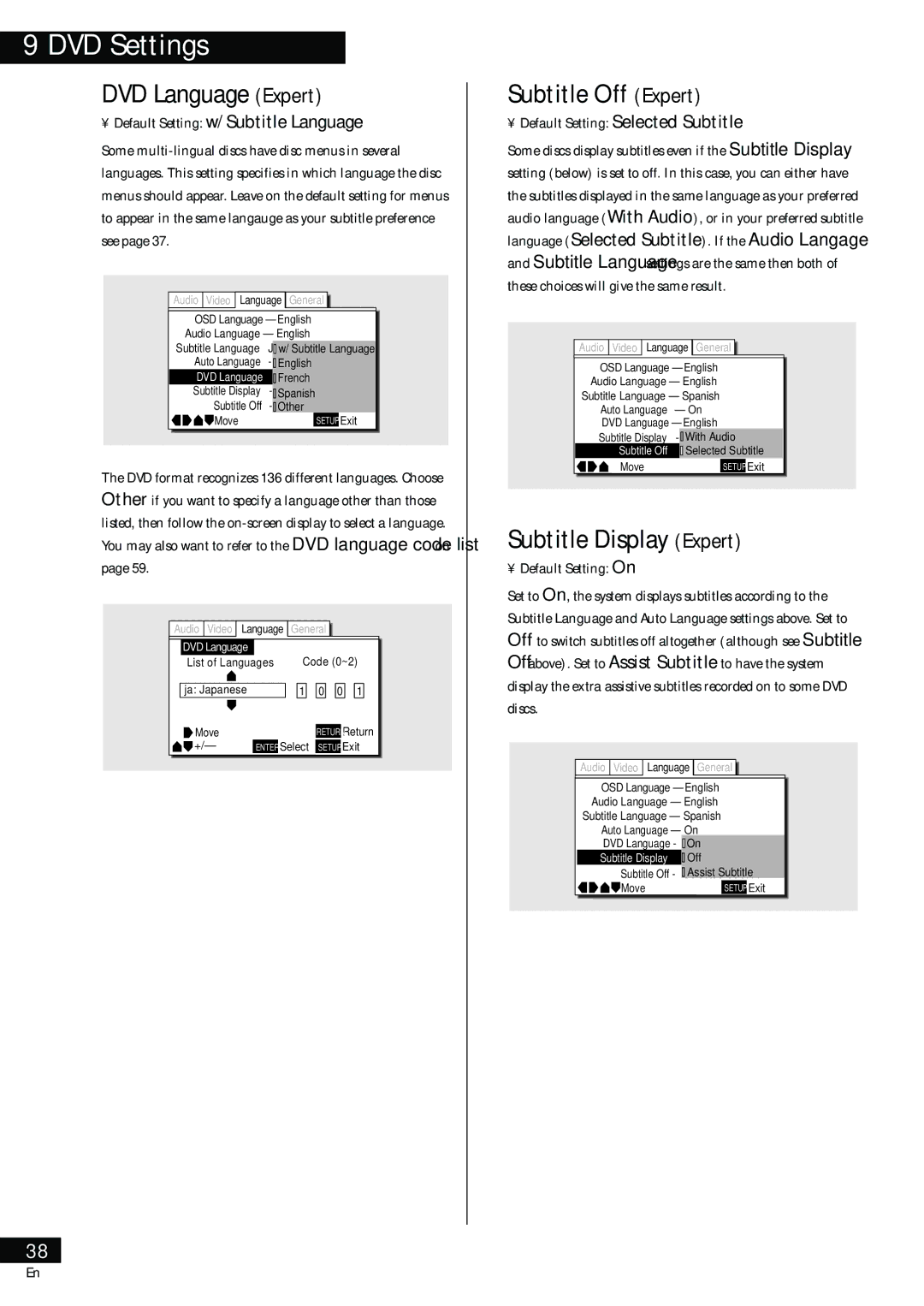 Pioneer HTZ-55DV DVD Language Expert, Subtitle Off Expert, Subtitle Display Expert, Default Setting w/Subtitle Language 