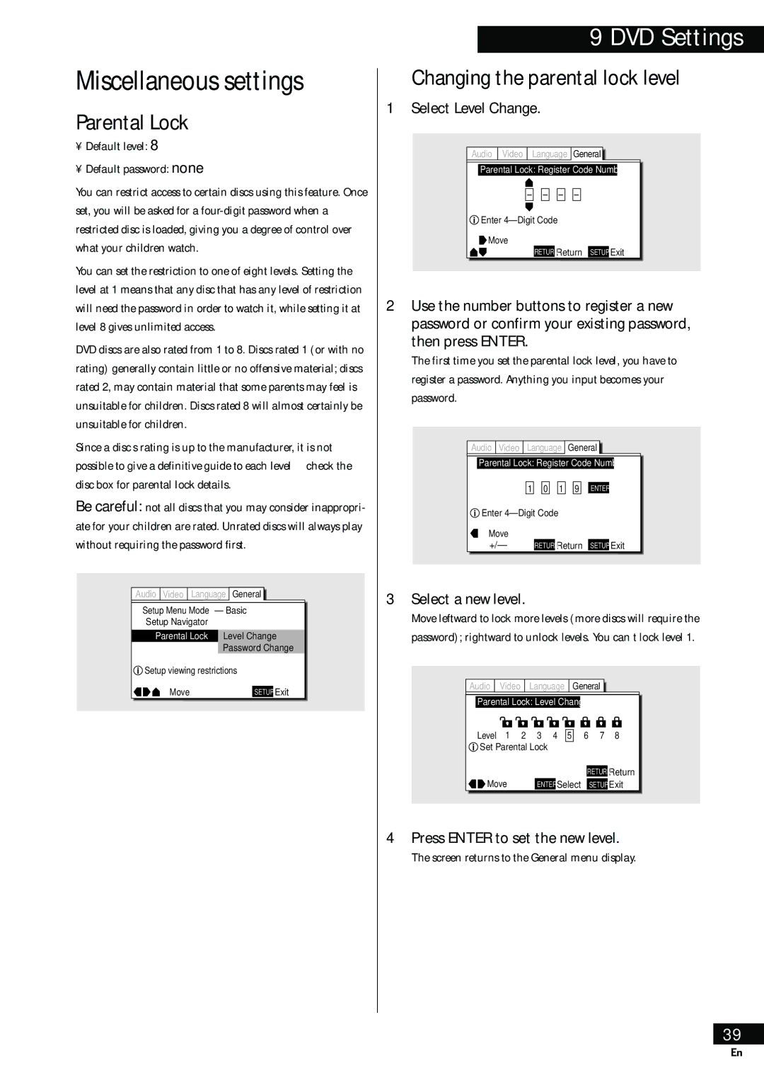 Pioneer HTZ-55DV manual Miscellaneous settings, Parental Lock, Changing the parental lock level 