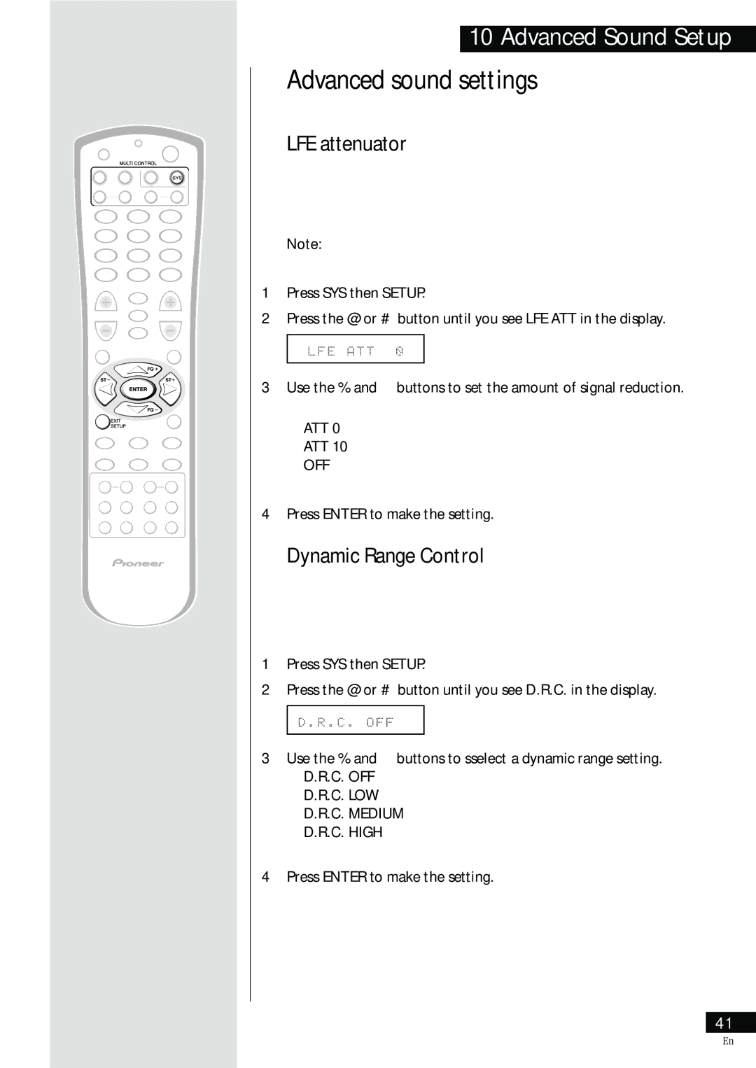 Pioneer HTZ-55DV manual Advanced sound settings, LFE attenuator, Dynamic Range Control, C. Medium mid setting 