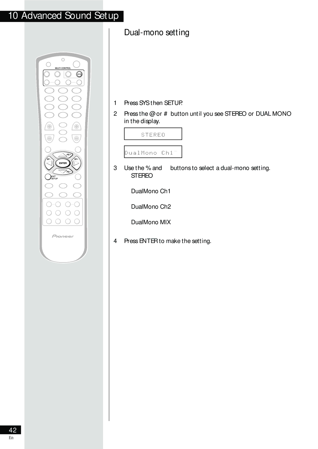 Pioneer HTZ-55DV manual Advanced Sound, Dual-mono setting 