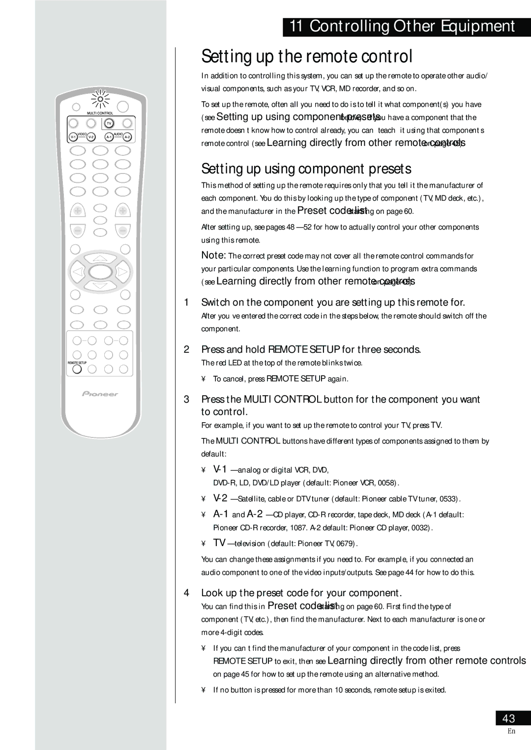 Pioneer HTZ-55DV manual Setting up the remote control, Setting up using component presets 