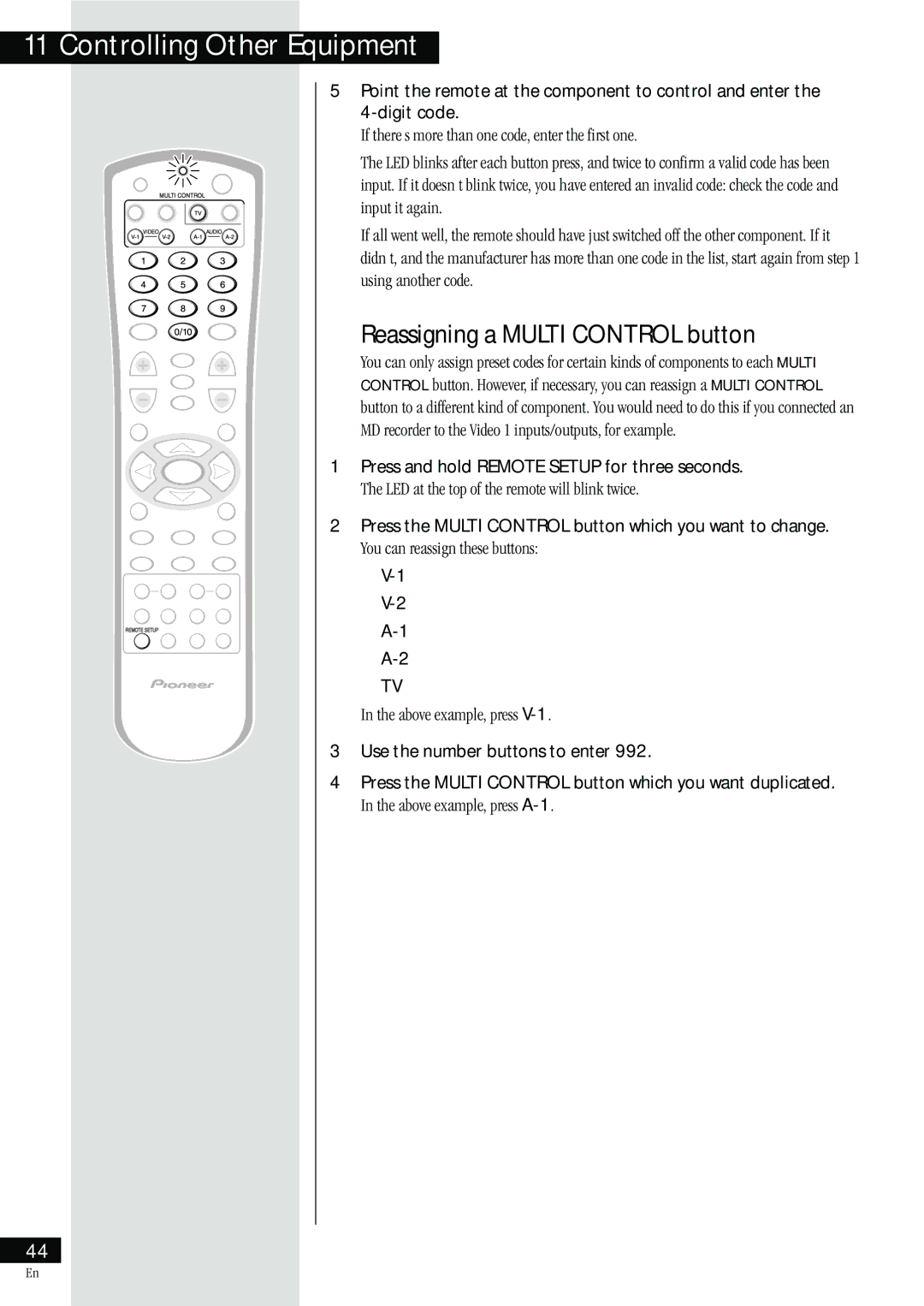 Pioneer HTZ-55DV manual Reassigning a Multi Control button, LED at the top of the remote will blink twice 