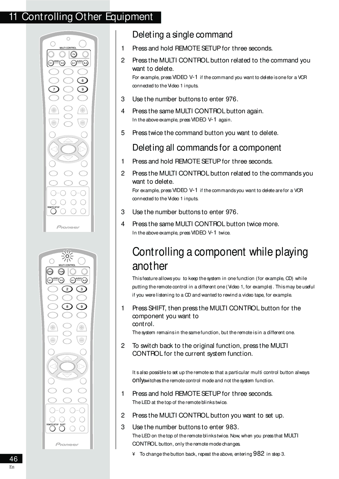 Pioneer HTZ-55DV Controlling a component while playing another, Deleting a single command, Use the number buttons to enter 