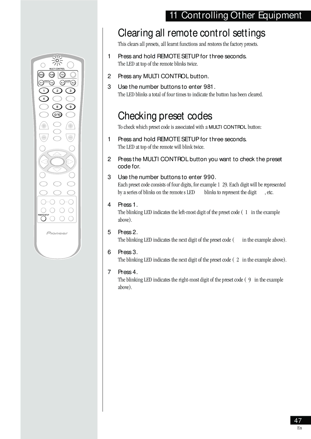 Pioneer HTZ-55DV Clearing all remote control settings, Checking preset codes, LED at top of the remote blinks twice, Press 