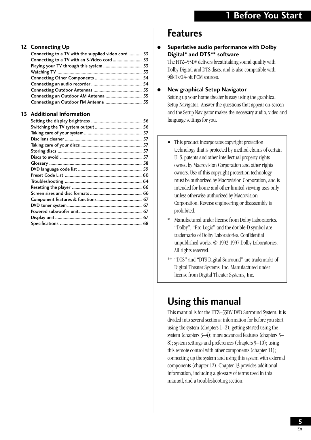 Pioneer HTZ-55DV Features, Using this manual, Connecting Up, Additional Information, New graphical Setup Navigator 