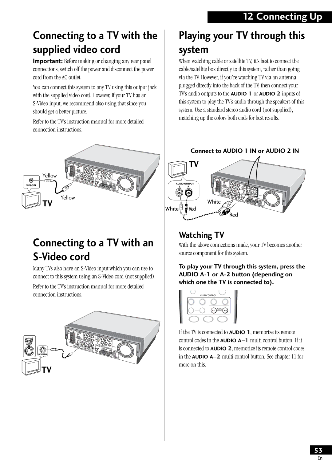 Pioneer HTZ-55DV manual Connecting to a TV with an S-Video cord, Playing your TV through this system, Watching TV 