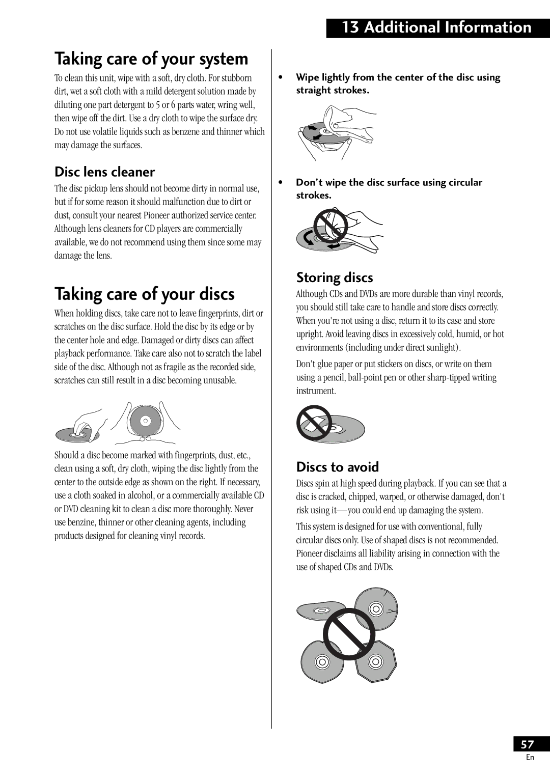 Pioneer HTZ-55DV manual Disc lens cleaner, Storing discs, Discs to avoid 