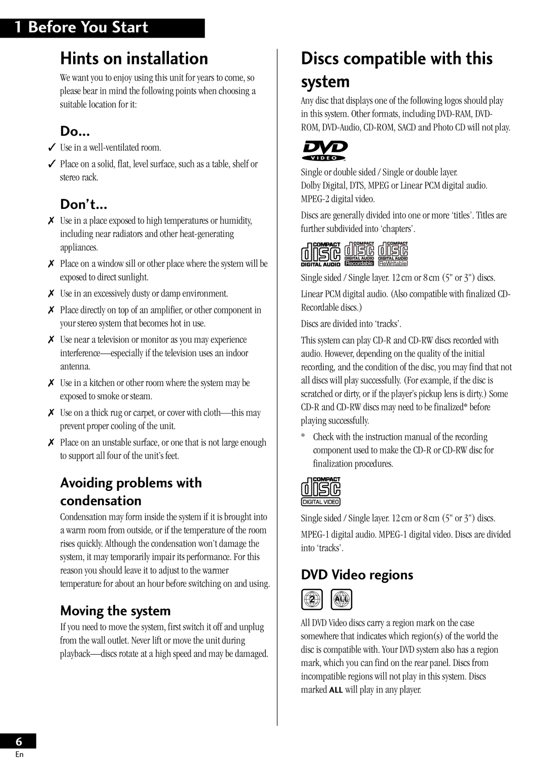 Pioneer HTZ-55DV manual Hints on installation, Discs compatible with this system 