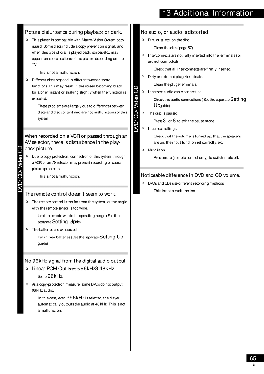 Pioneer HTZ-55DV manual Picture disturbance during playback or dark, Remote control doesnt seem to work 