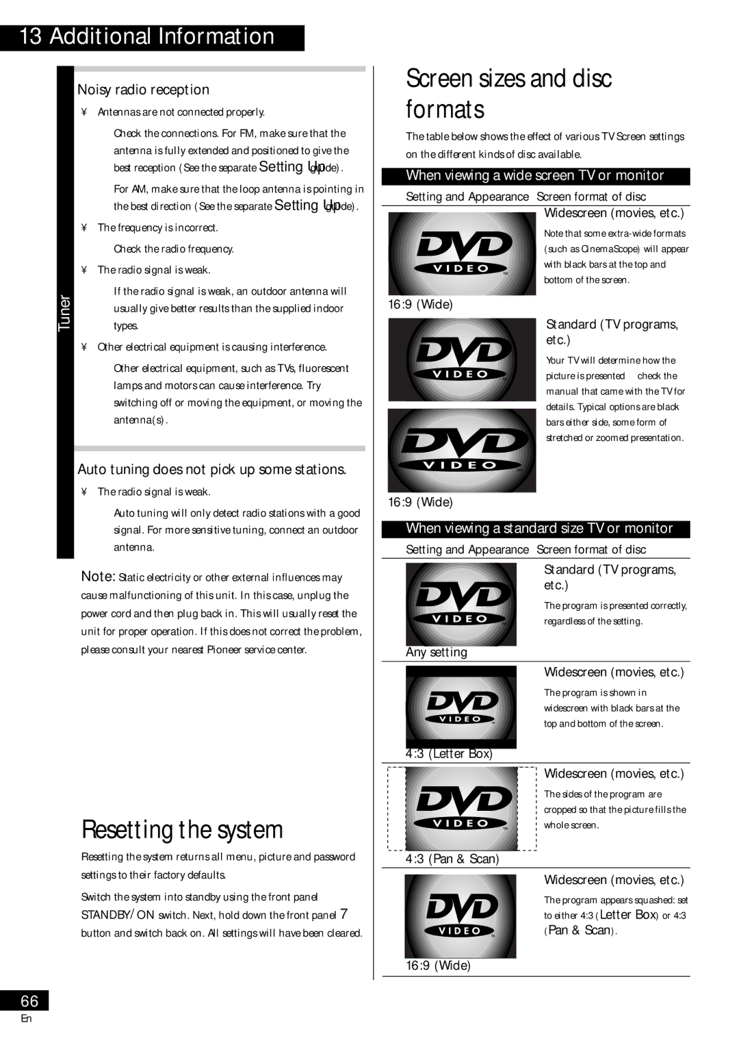 Pioneer HTZ-55DV manual Resetting the system, Screen sizes and disc formats, Noisy radio reception 