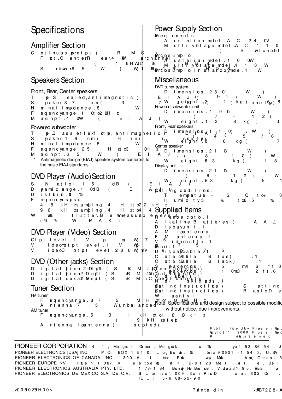 Pioneer HTZ-55DV manual Specifications 