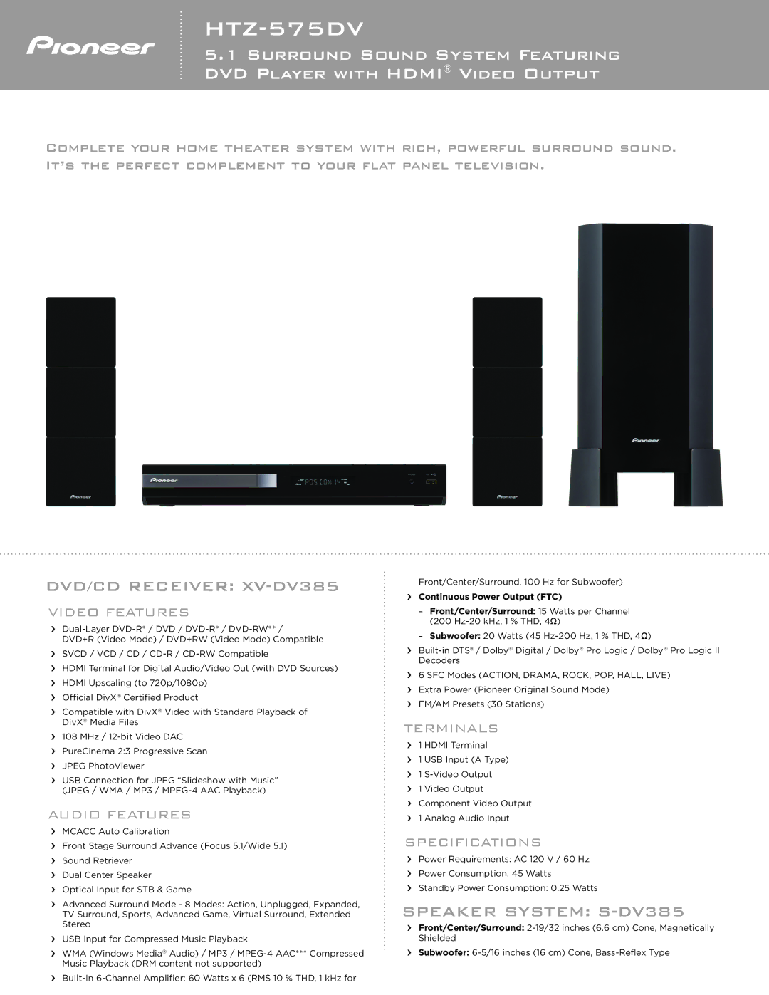 Pioneer HTZ-575DV specifications DVD/CD Receiver XV-DV385, Speaker System S-DV385 