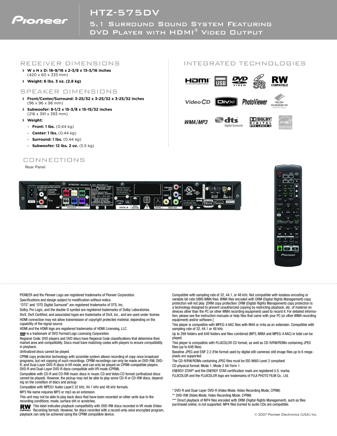 Pioneer HTZ-575DV specifications Receiver Dimensions Integrated Technologies, Speaker Dimensions, Connections 