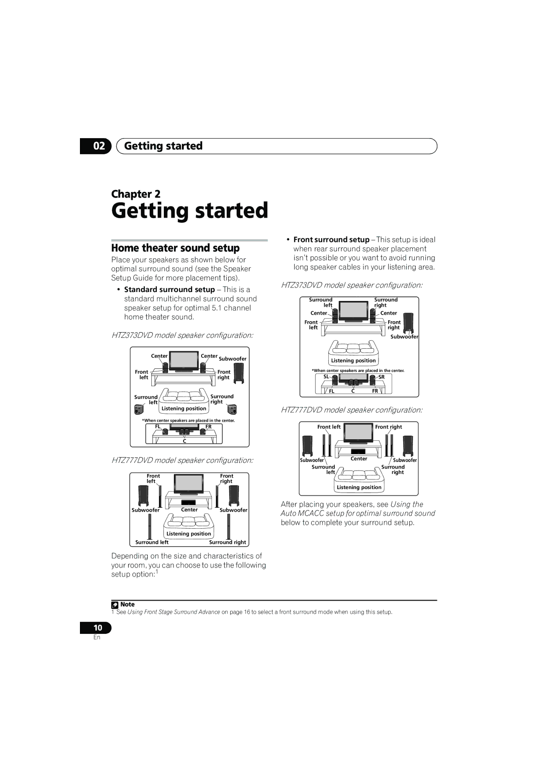 Pioneer S-DV777T, HTZ373DVD, XV-DV373, HTZ777DVD, XV-DV777, S-DV777SW Getting started Chapter, Home theater sound setup 