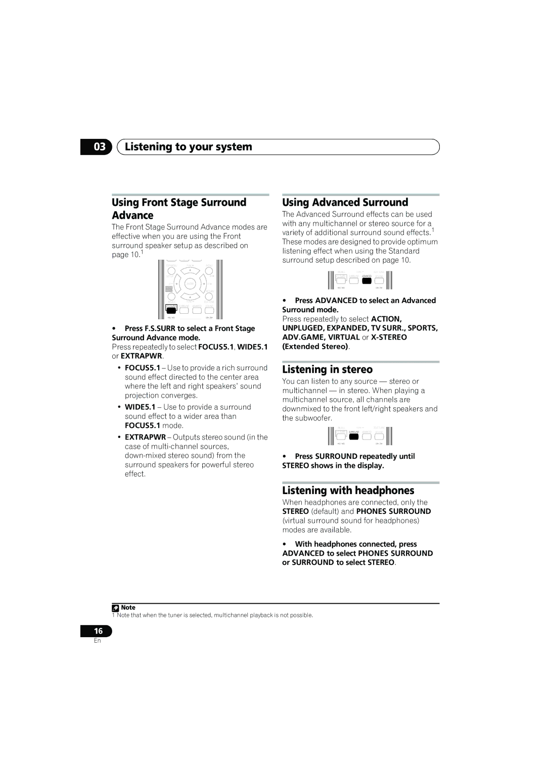 Pioneer S-DV777T Listening to your system Using Front Stage Surround Advance, Using Advanced Surround, Listening in stereo 