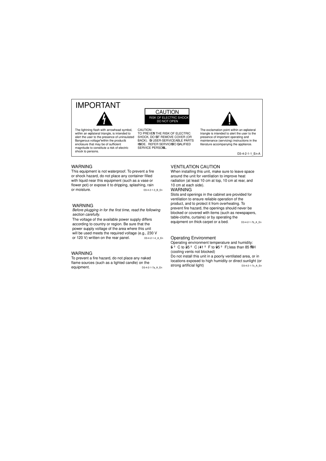 Pioneer HTZ777DVD, HTZ373DVD, XV-DV373, XV-DV777, S-DV777T, S-DV777SW Ventilation Caution, Operating Environment 