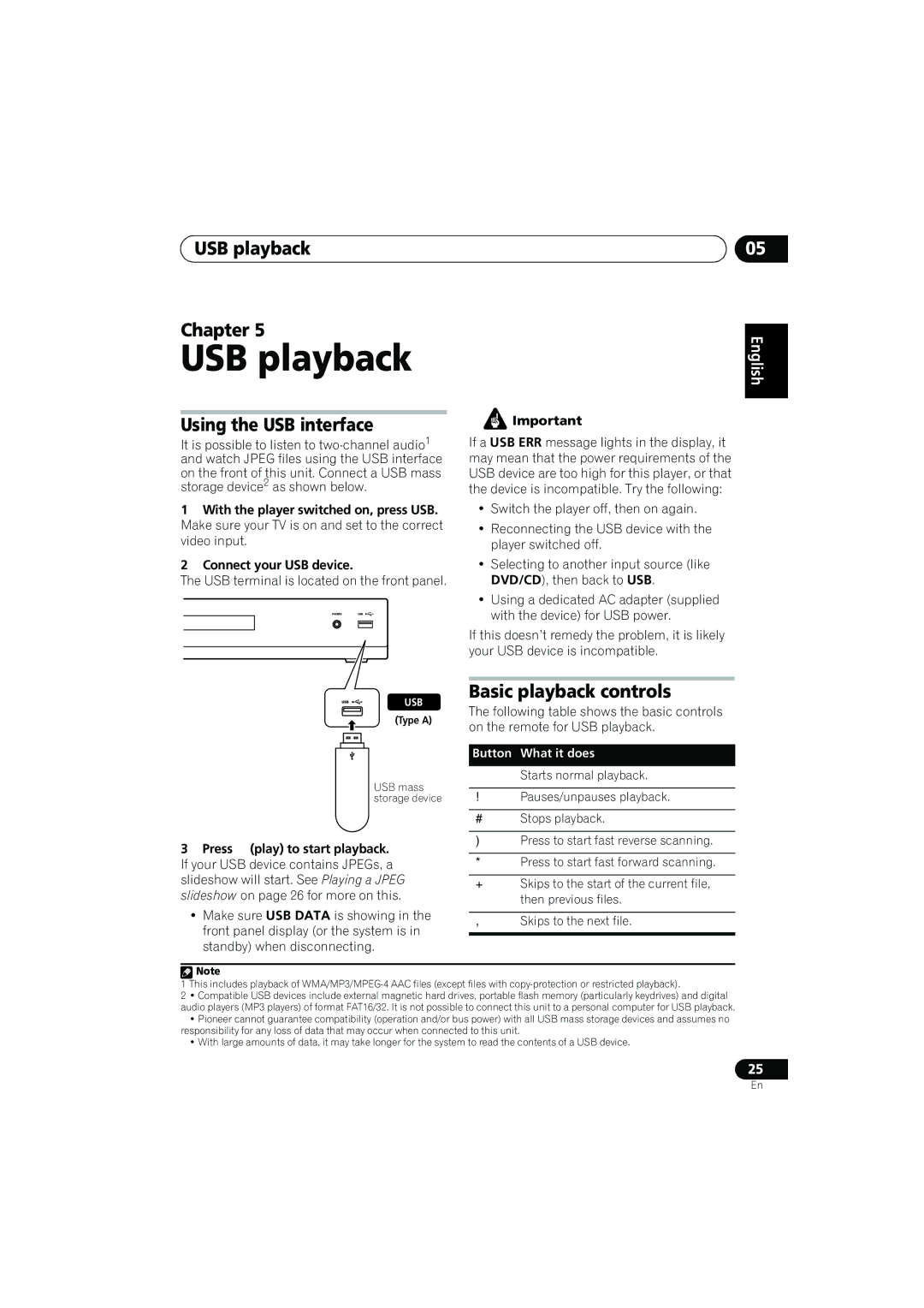 Pioneer XV-DV373, HTZ373DVD, HTZ777DVD, XV-DV777 USB playback Chapter, Using the USB interface, Basic playback controls 