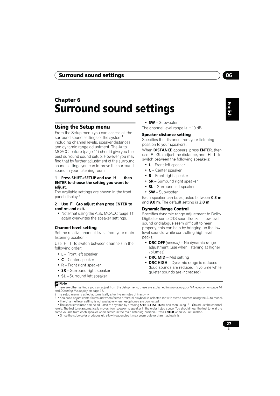 Pioneer XV-DV777, HTZ373DVD, XV-DV373, HTZ777DVD, S-DV777T Surround sound settings Chapter, Using the Setup menu 