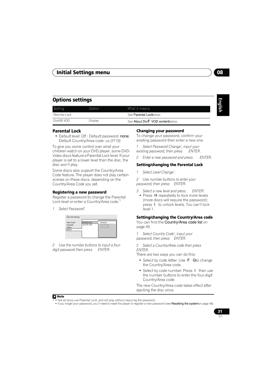 Pioneer XV-DV373, HTZ373DVD, HTZ777DVD, XV-DV777, S-DV777T, S-DV777SW Initial Settings menu Options settings, Parental Lock 