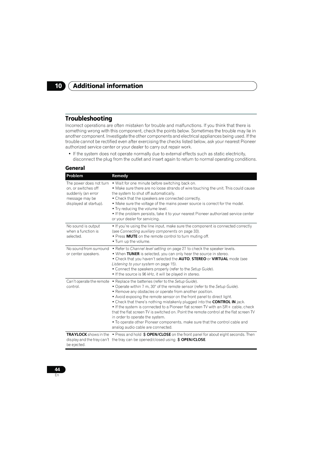 Pioneer HTZ777DVD, HTZ373DVD, XV-DV373, XV-DV777, S-DV777T, S-DV777SW Additional information Troubleshooting, General 