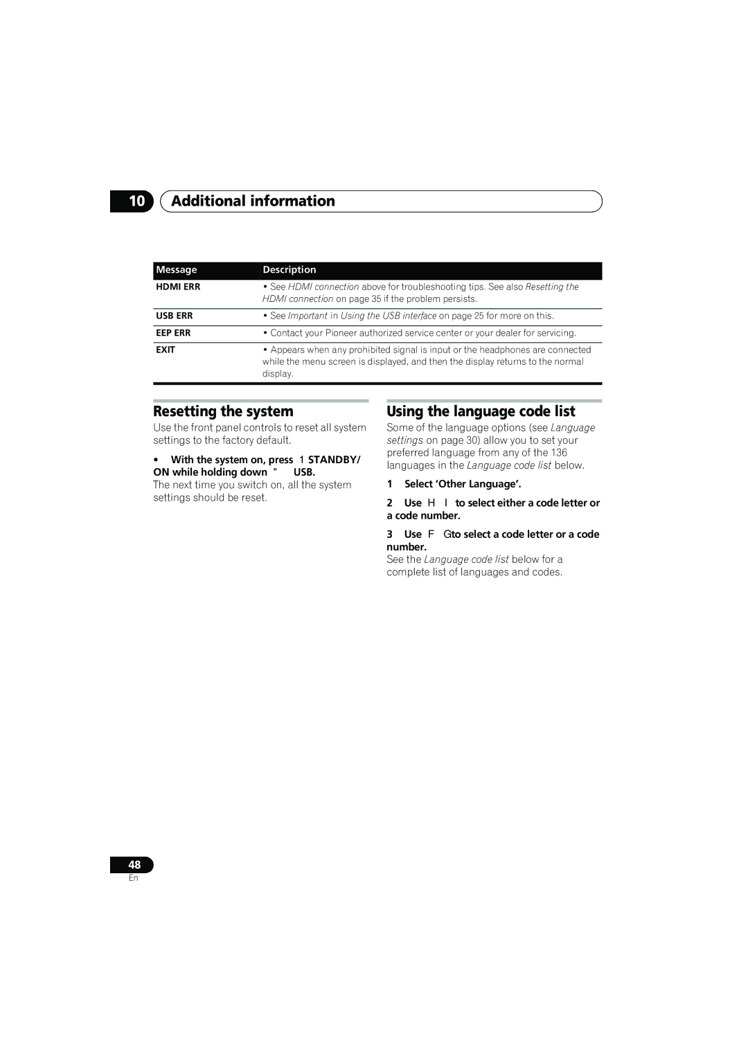 Pioneer HTZ373DVD, XV-DV373, HTZ777DVD, XV-DV777, S-DV777T, S-DV777SW Resetting the system, Using the language code list 