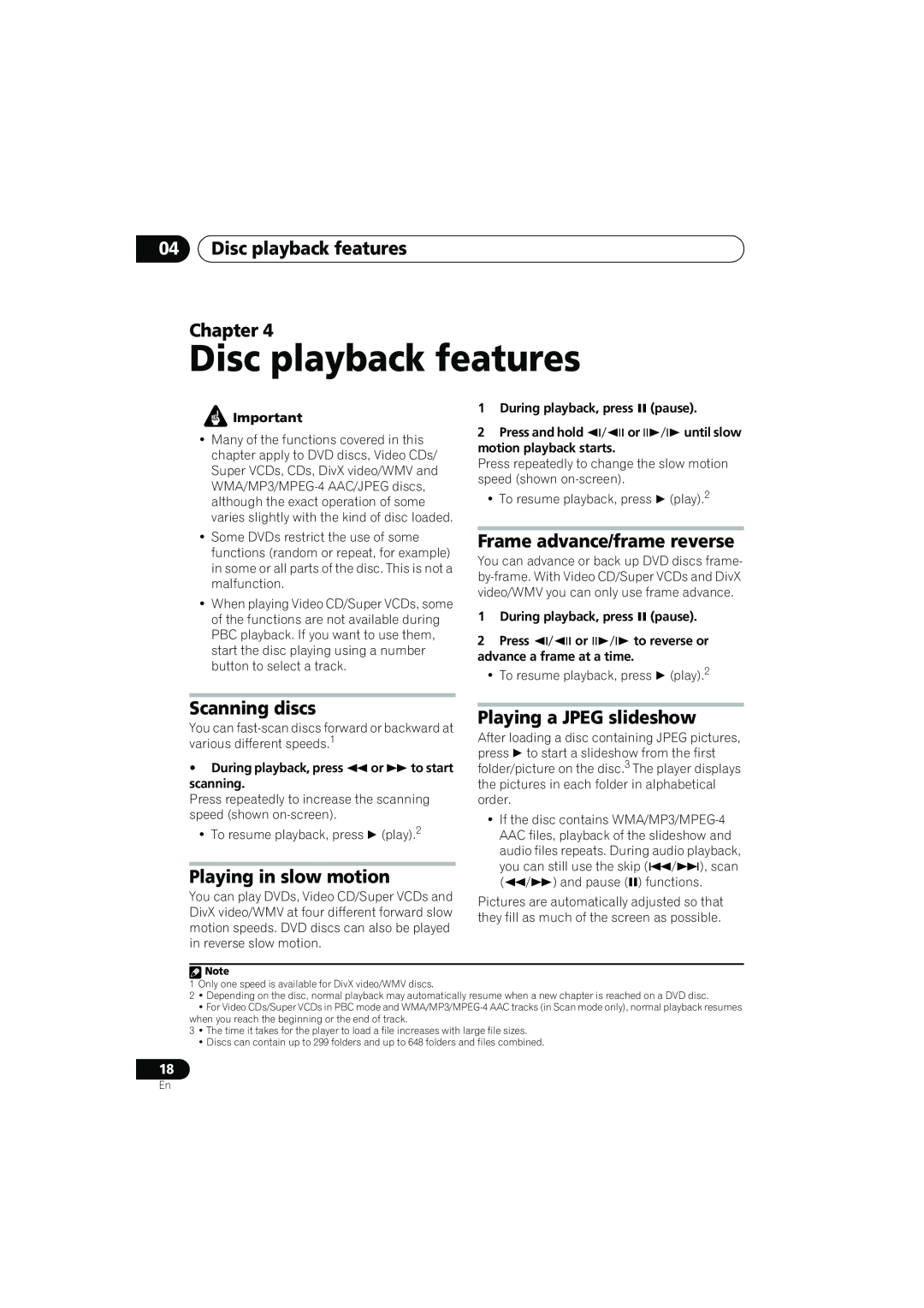 Pioneer HTZ373DVD, XV-DV373, HTZ777DVD 04Disc playback features Chapter, Frame advance/frame reverse, Scanning discs 