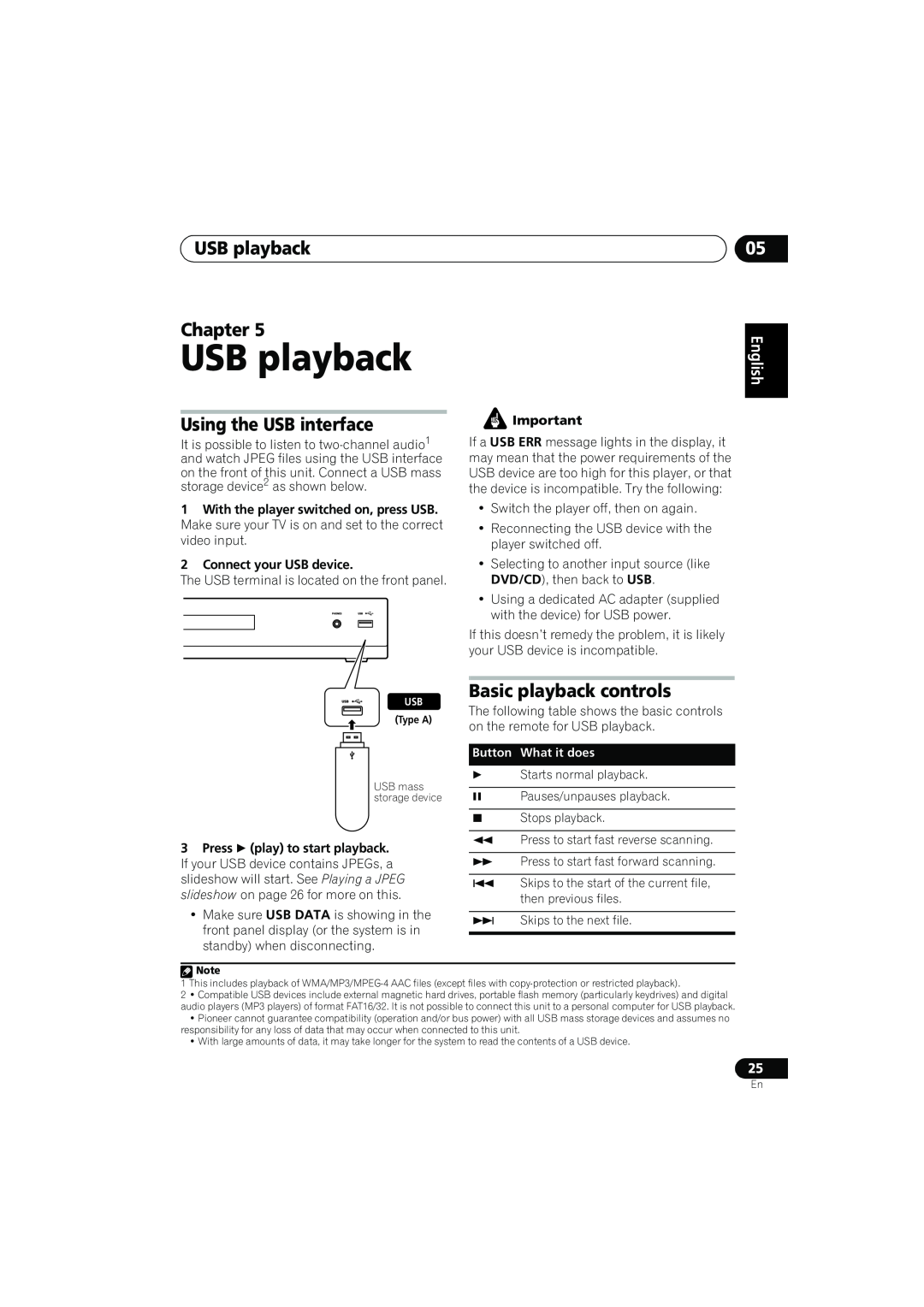 Pioneer XV-DV373 USB playback Chapter, Using the USB interface, Basic playback controls, 2Connect your USB device 