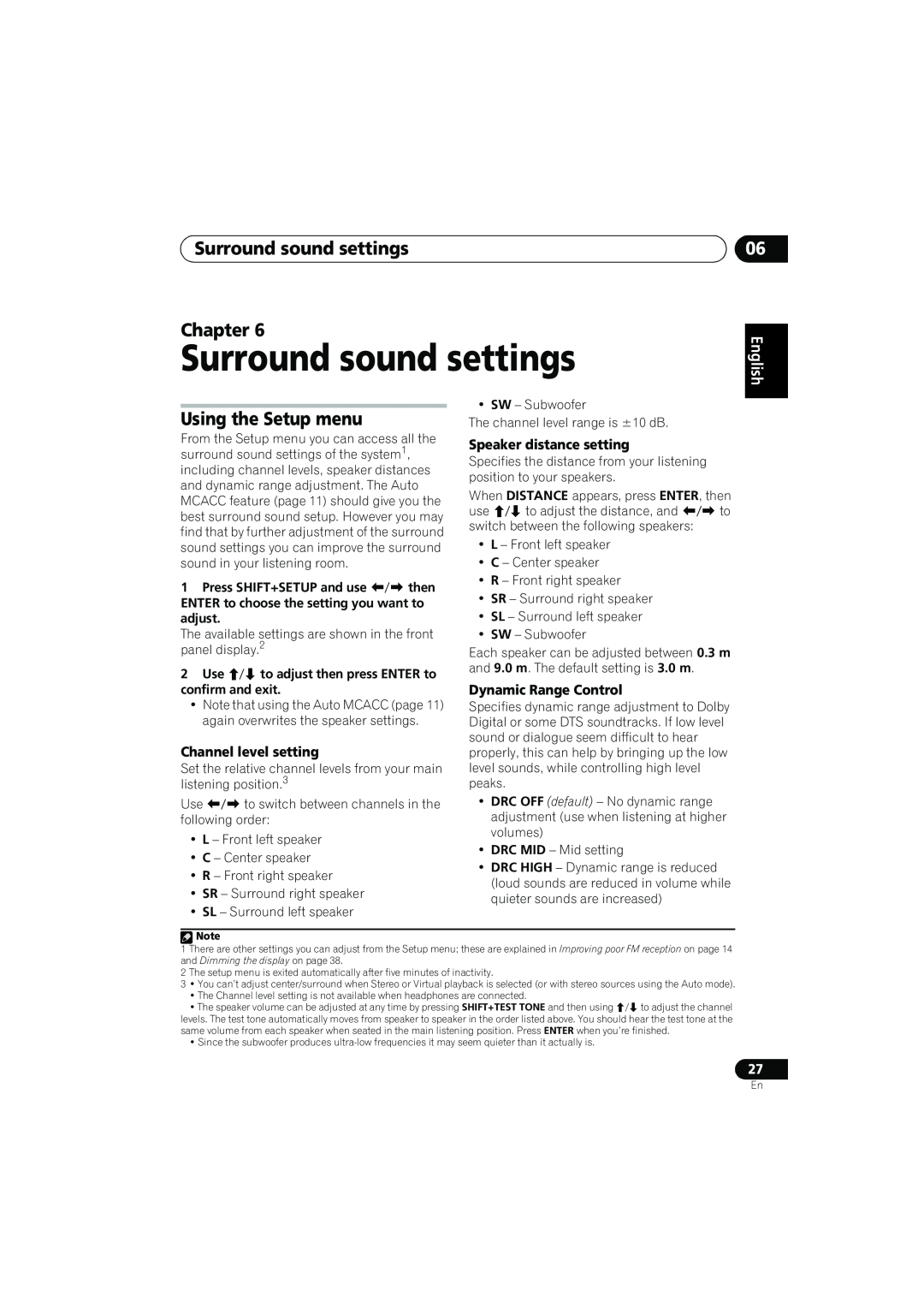 Pioneer XV-DV777 Surround sound settings Chapter, Using the Setup menu, Channel level setting, Dynamic Range Control 