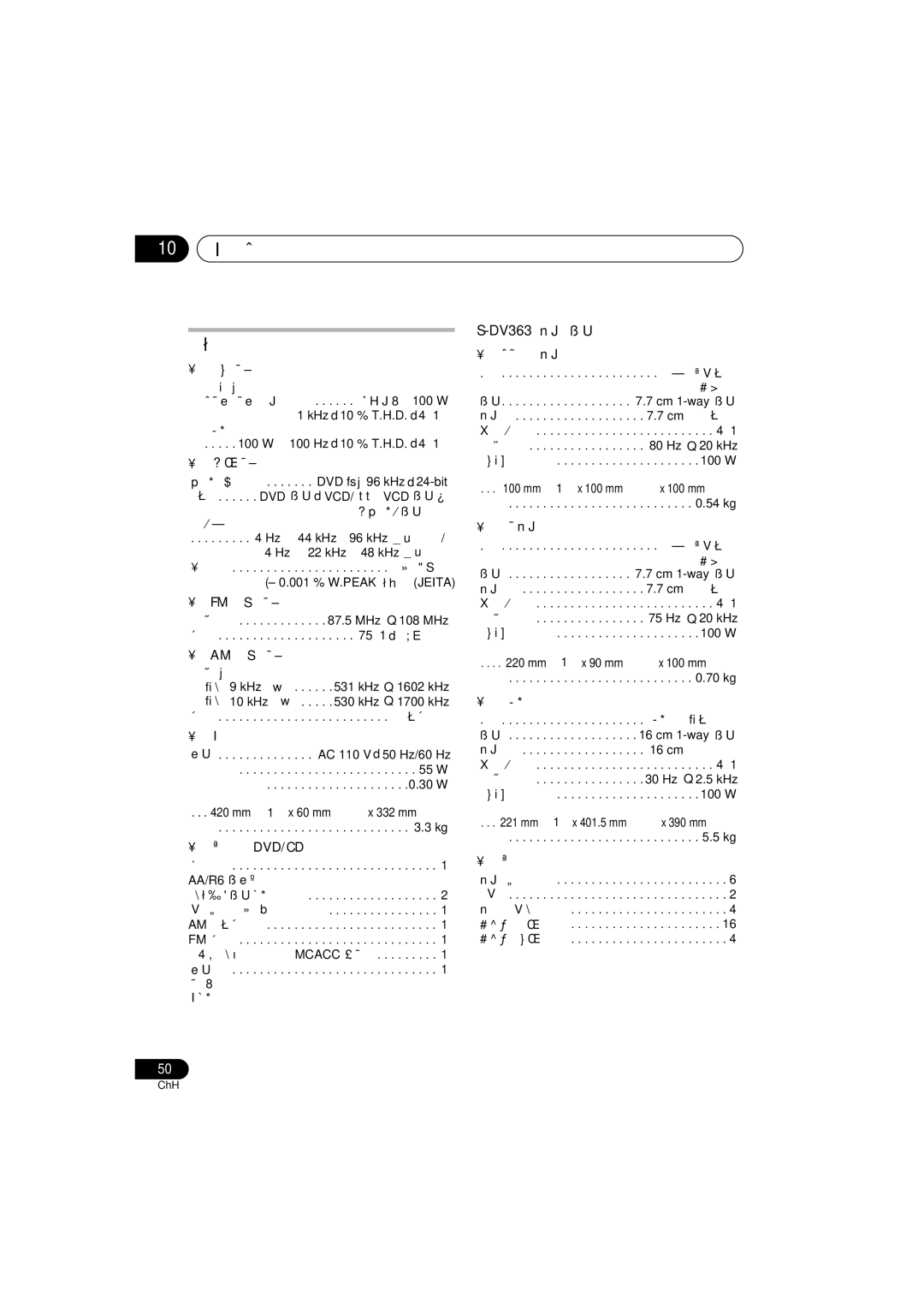 Pioneer S-DV363, HTZ767DVD, HTZ565DVD, XV-DV767, HTZ363DVD, S-DV2SW, S-DV2T, S-DV4T operating instructions DV363 揚聲器系統 