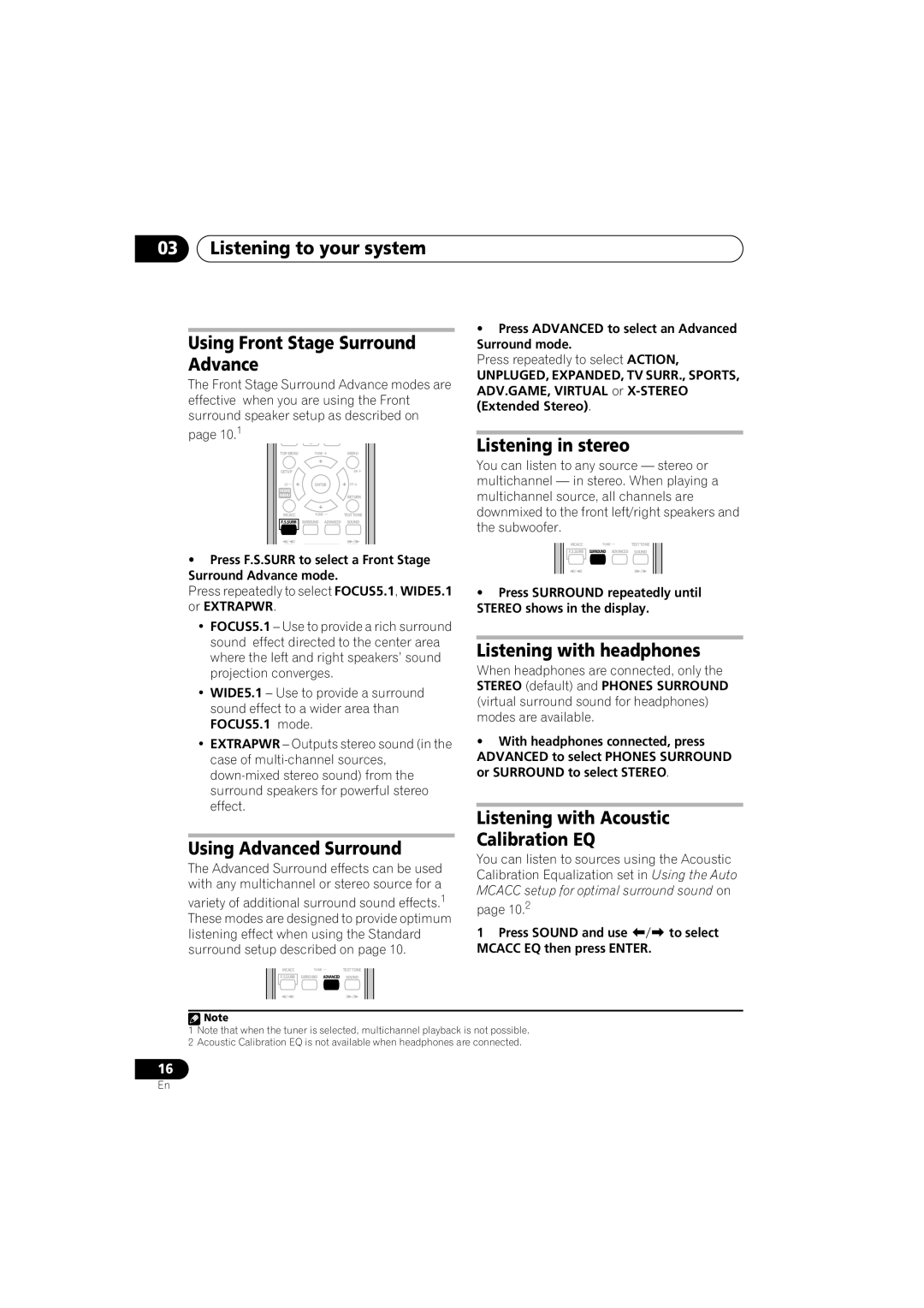 Pioneer HTZ767DVD, HTZ565DVD, XV-DV767 Listening to your system Using Front Stage Surround Advance, Listening in stereo 