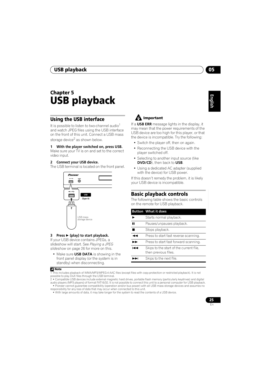 Pioneer HTZ565DVD, HTZ767DVD, XV-DV767, HTZ363DVD USB playback Chapter, Using the USB interface, Basic playback controls 