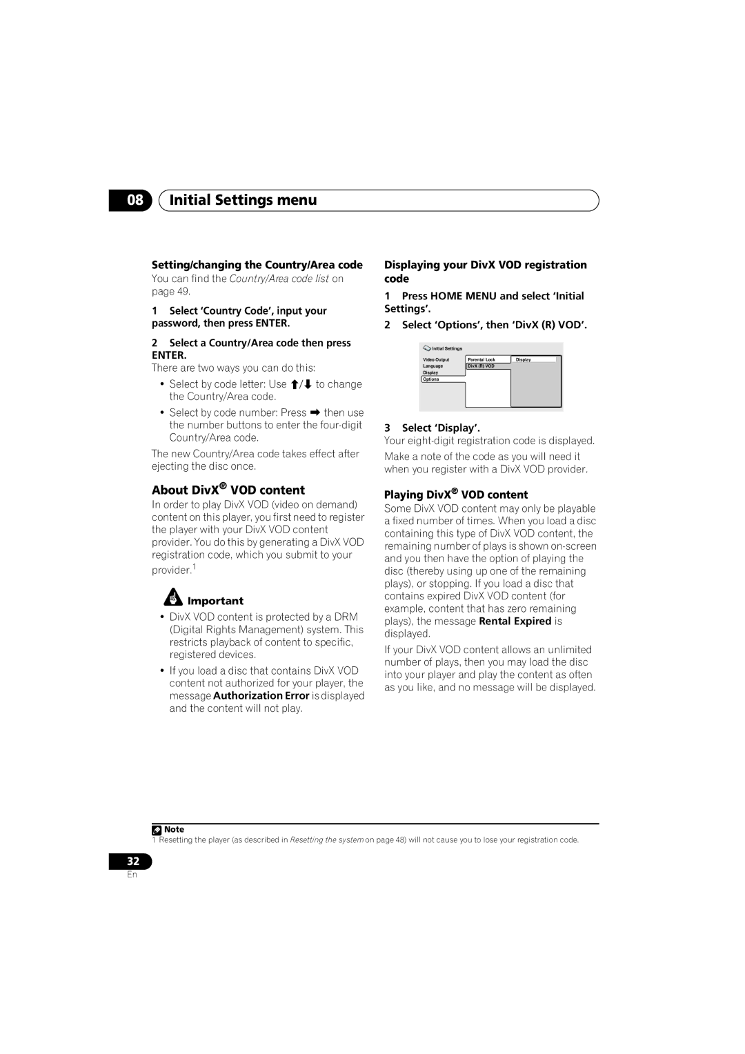 Pioneer HTZ767DVD, HTZ565DVD About DivX VOD content, Setting/changing the Country/Area code, Playing DivX VOD content 