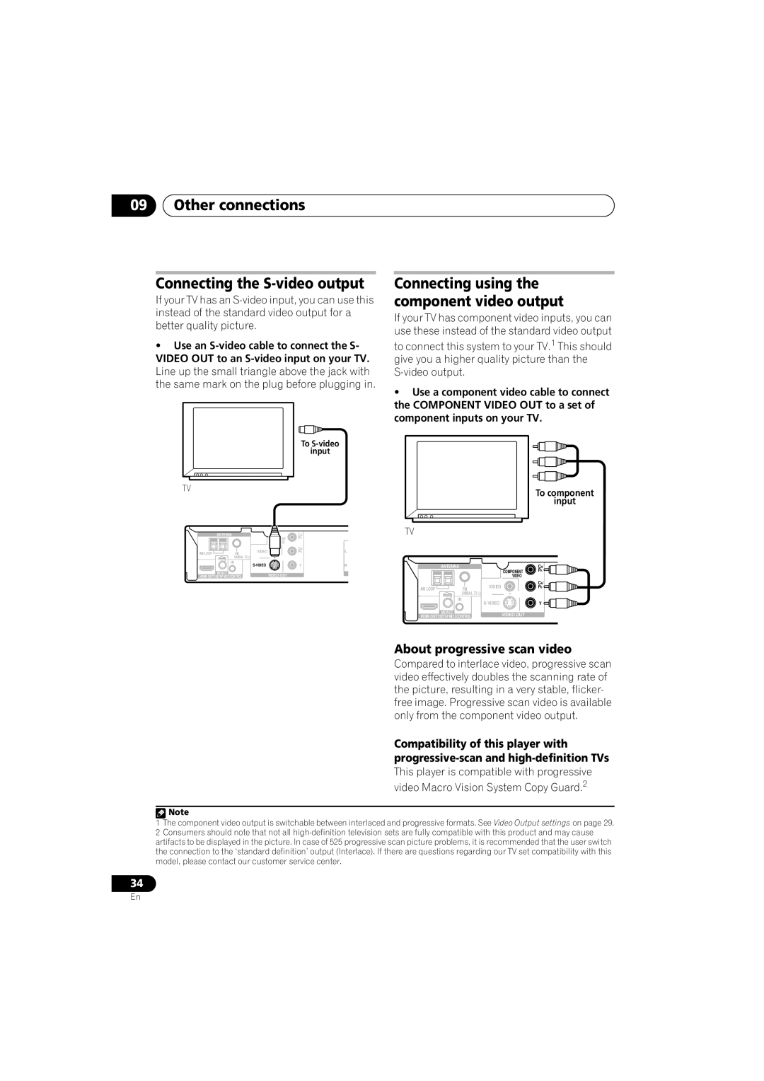 Pioneer XV-DV767, HTZ767DVD, HTZ565DVD, S-DV2T Other connections Connecting the S-video output, About progressive scan video 