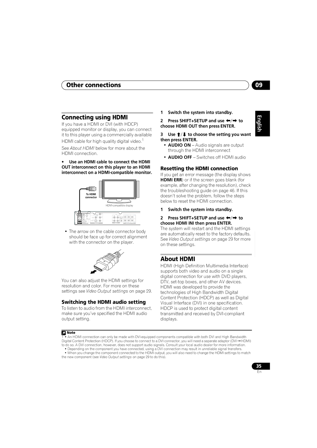 Pioneer HTZ363DVD, HTZ767DVD, S-DV363 Other connections Connecting using Hdmi, About Hdmi, Switching the Hdmi audio setting 