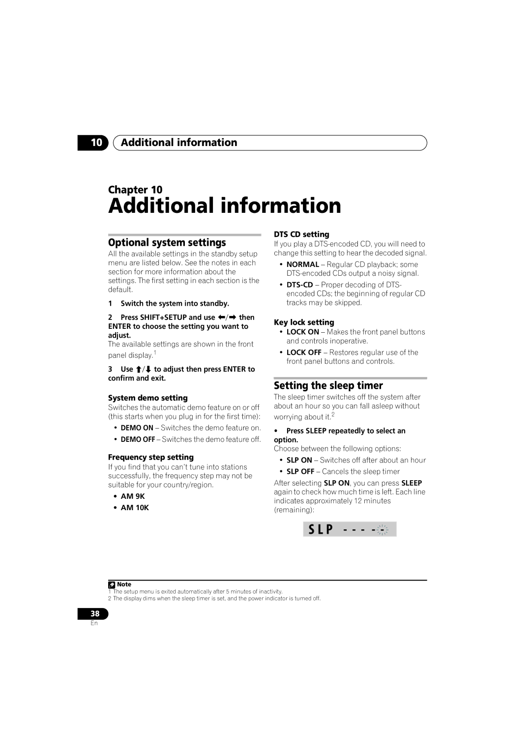 Pioneer S-DV2T, HTZ767DVD, HTZ565DVD Additional information Chapter, Optional system settings, Setting the sleep timer 